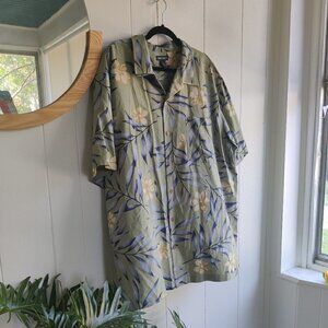 100% Silk Hawaiian Shirt, in Moss green, yellow & blue. Soft and Comfortable